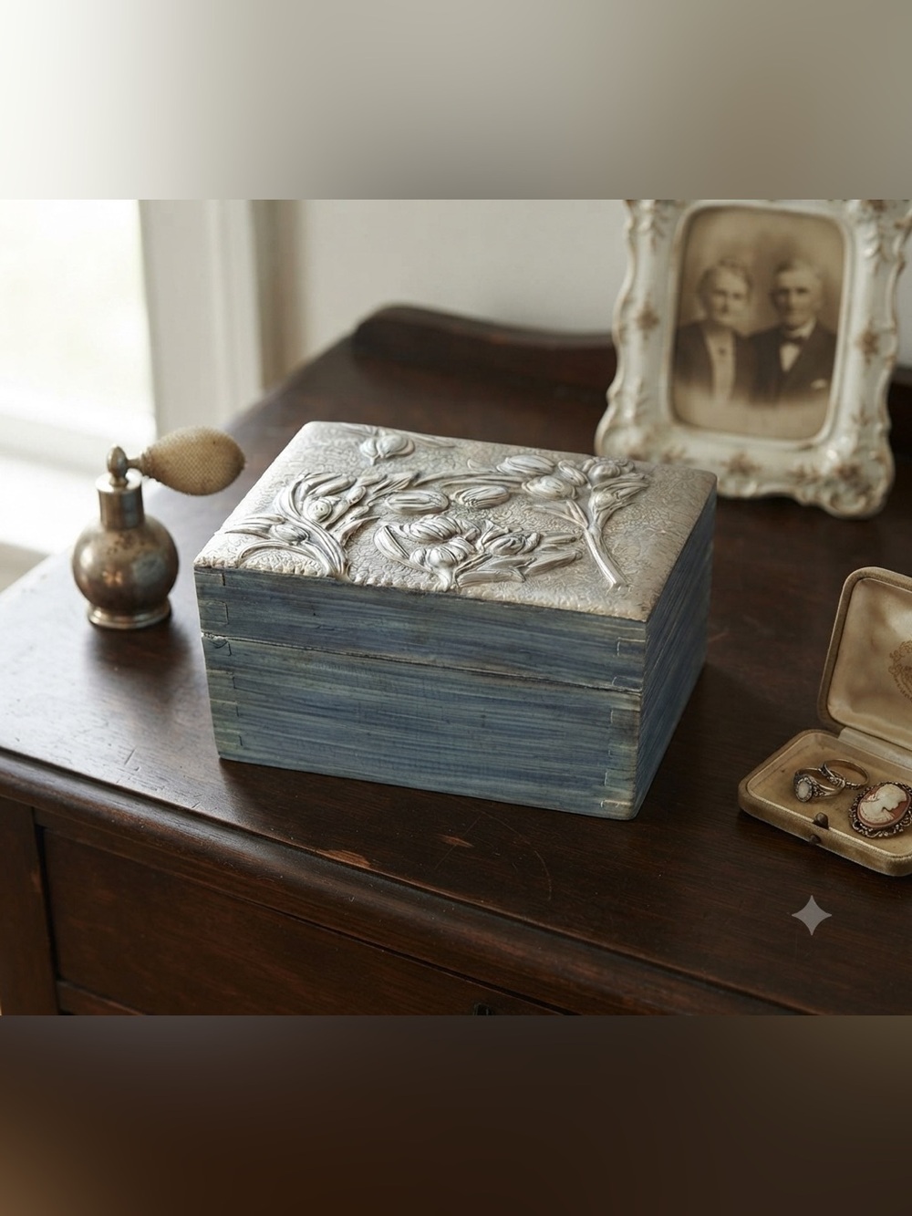 Vintage Decorative Embossed Floral Metal-Top Trinket Box in Blue and Silver.